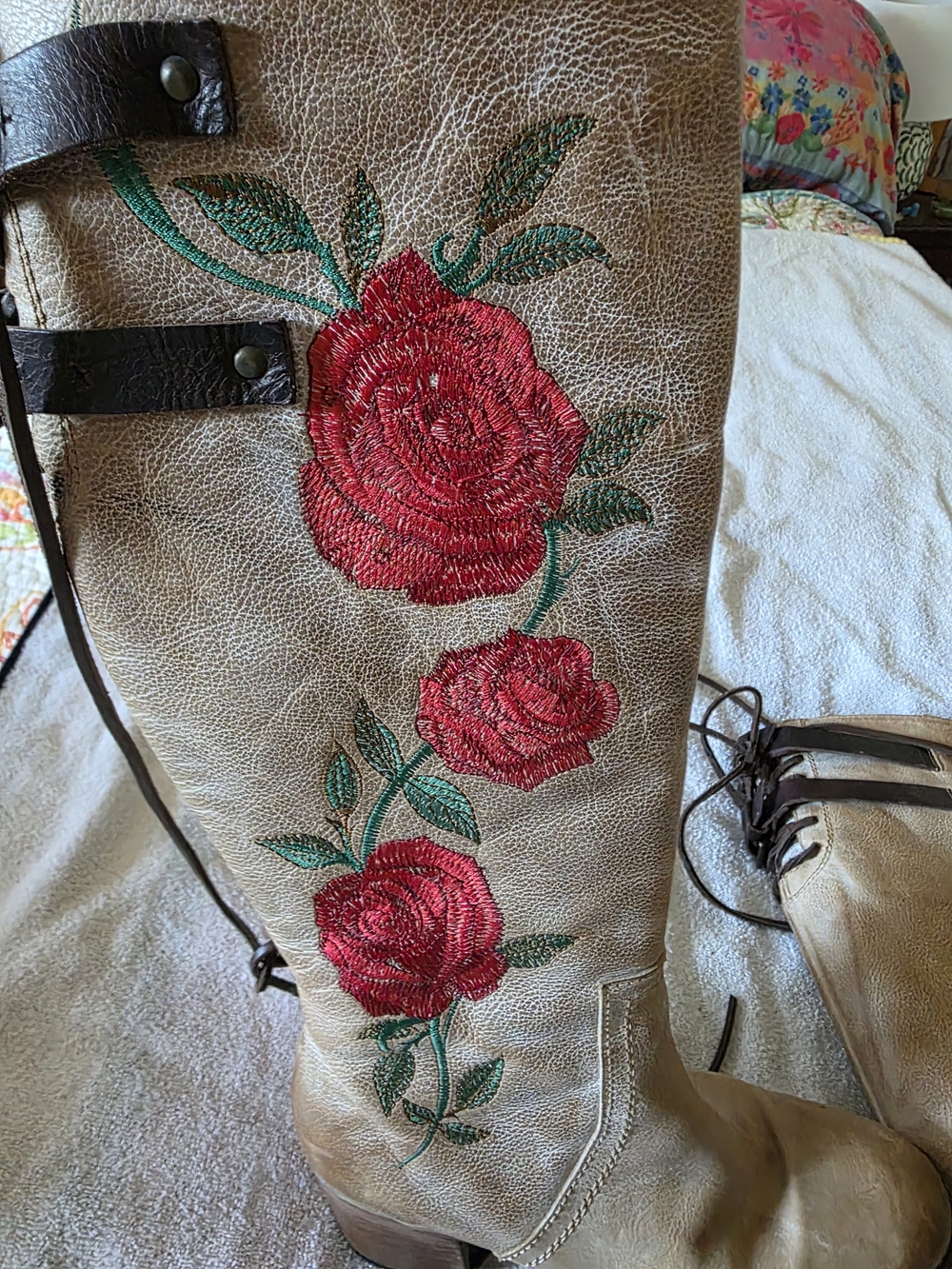 Freebird Women's Tan Leather Mid-Calf Boots with Red Rose Embroidery - Picture 5 of 6